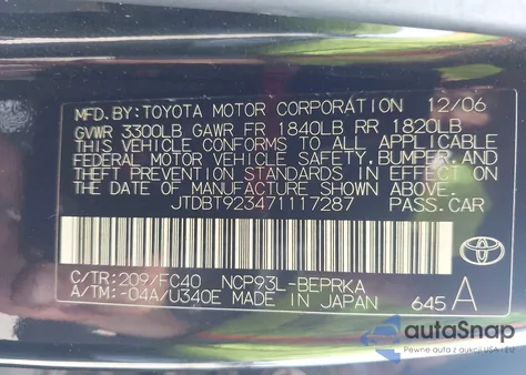 2007 Toyota Yaris z USA, uszkodzony, nr VIN JTDBT923471117287